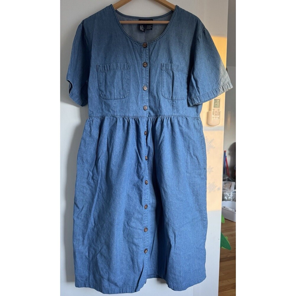 Vintage 90s J.G.Hook Blue Denim Short Sleeve Front Button Maxi Dress Sz 14 Large